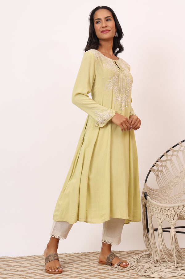 Yellow Chikankari Kurta in Fluid Rayon Crepe