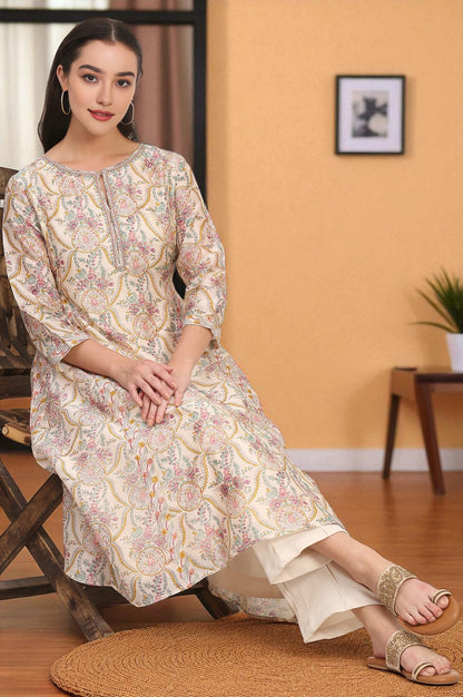 Cream Hand Block Floral Printed Metallic Embroidery Cotton Silk Kurta