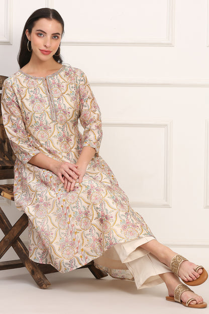 Cream Hand Block Floral Printed Metallic Embroidery Cotton Silk Kurta