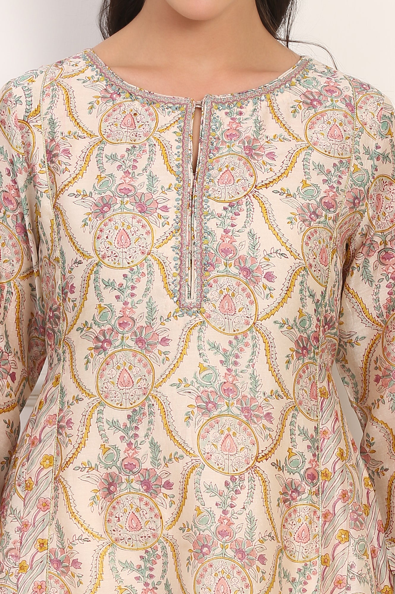 Cream Hand Block Floral Printed Metallic Embroidery Cotton Silk Kurta