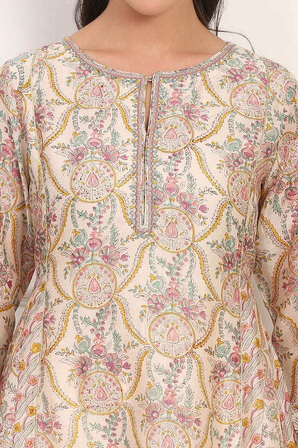 Cream Hand Block Floral Printed Metallic Embroidery Cotton Silk Kurta