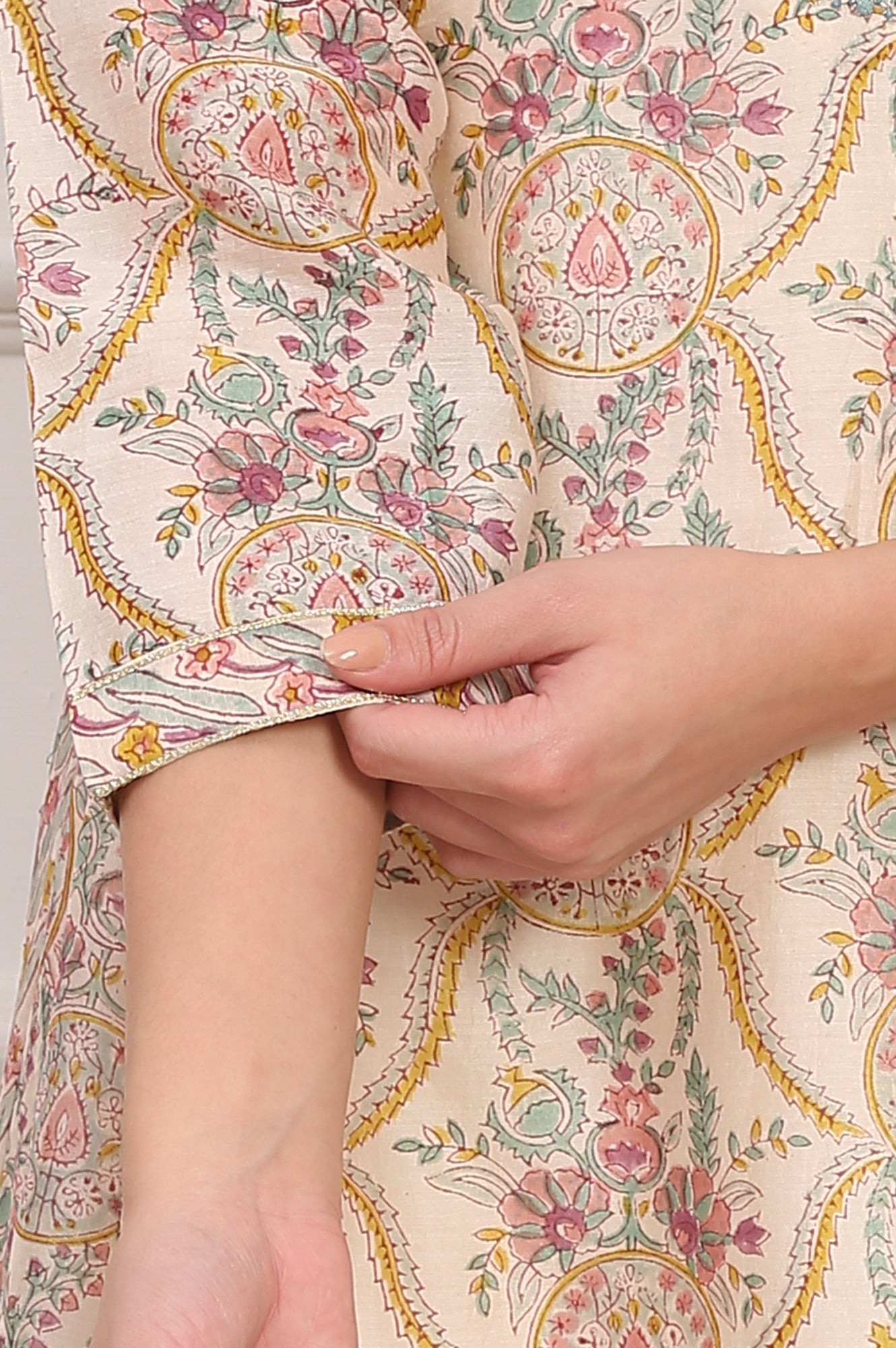 Cream Hand Block Floral Printed Metallic Embroidery Cotton Silk Kurta