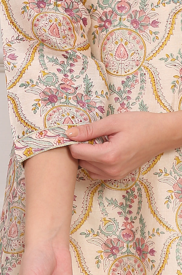 Cream Hand Block Floral Printed Metallic Embroidery Cotton Silk Kurta