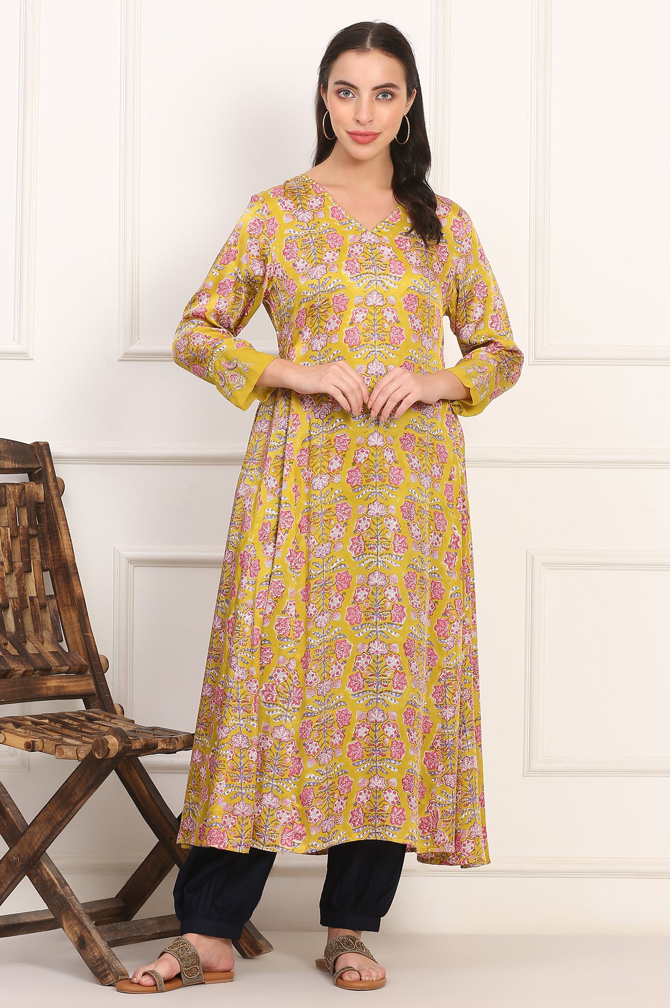 Yellow Hand Block Floral Printed Mirror Work Calf-Length Modal Satin Anarkali Kurta