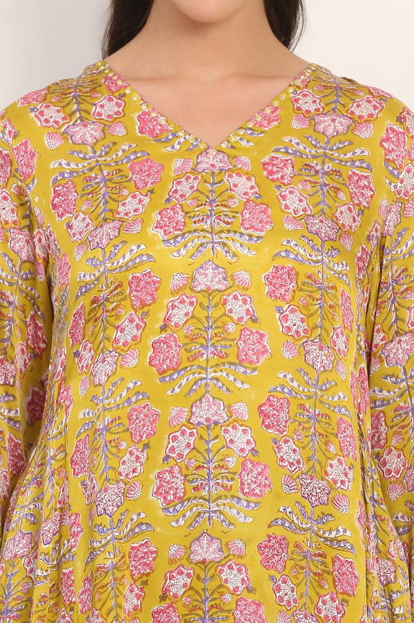 Yellow Hand Block Floral Printed Mirror Work Calf-Length Modal Satin Anarkali Kurta