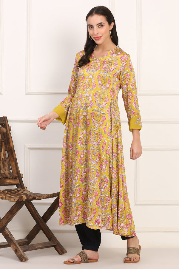 Yellow Hand Block Floral Printed Mirror Work Calf-Length Modal Satin Anarkali Kurta
