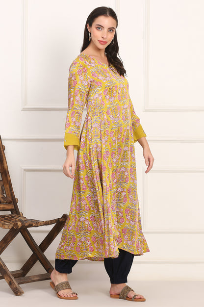 Yellow Hand Block Floral Printed Mirror Work Calf-Length Modal Satin Anarkali Kurta