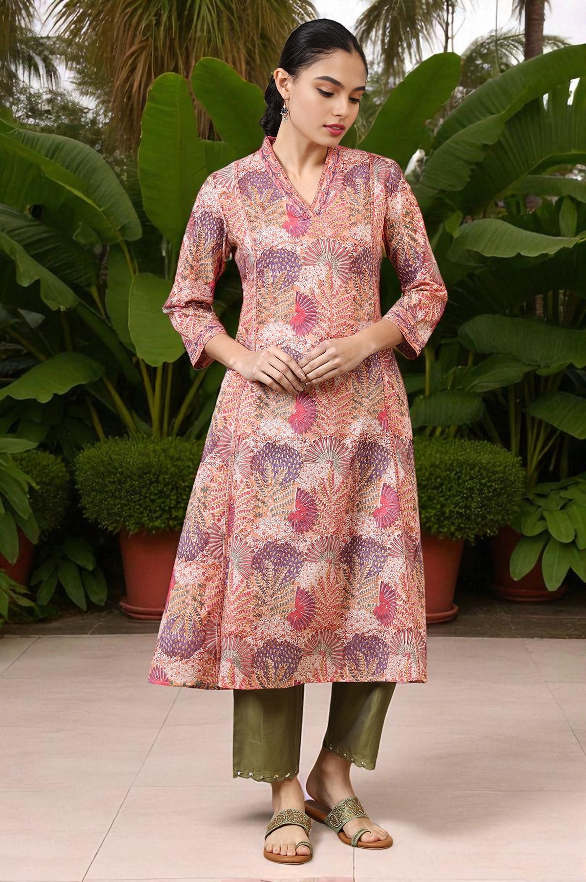 Light Pink Handblock Printed Flared Kurta - XS