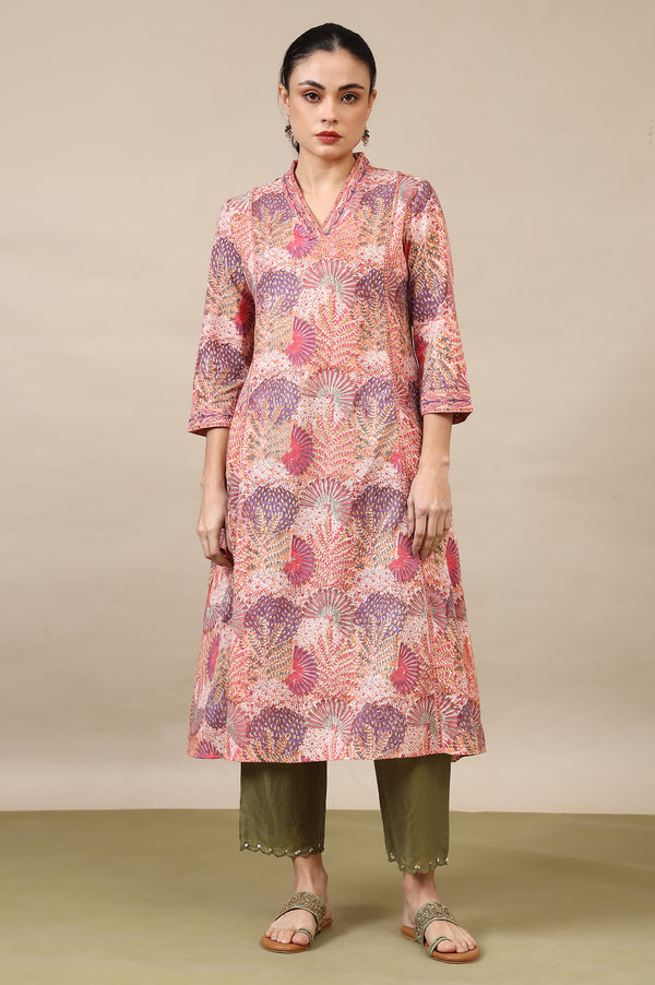 Light Pink Handblock Printed Flared Kurta