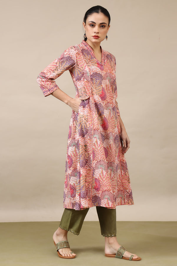 Light Pink Handblock Printed Flared Kurta
