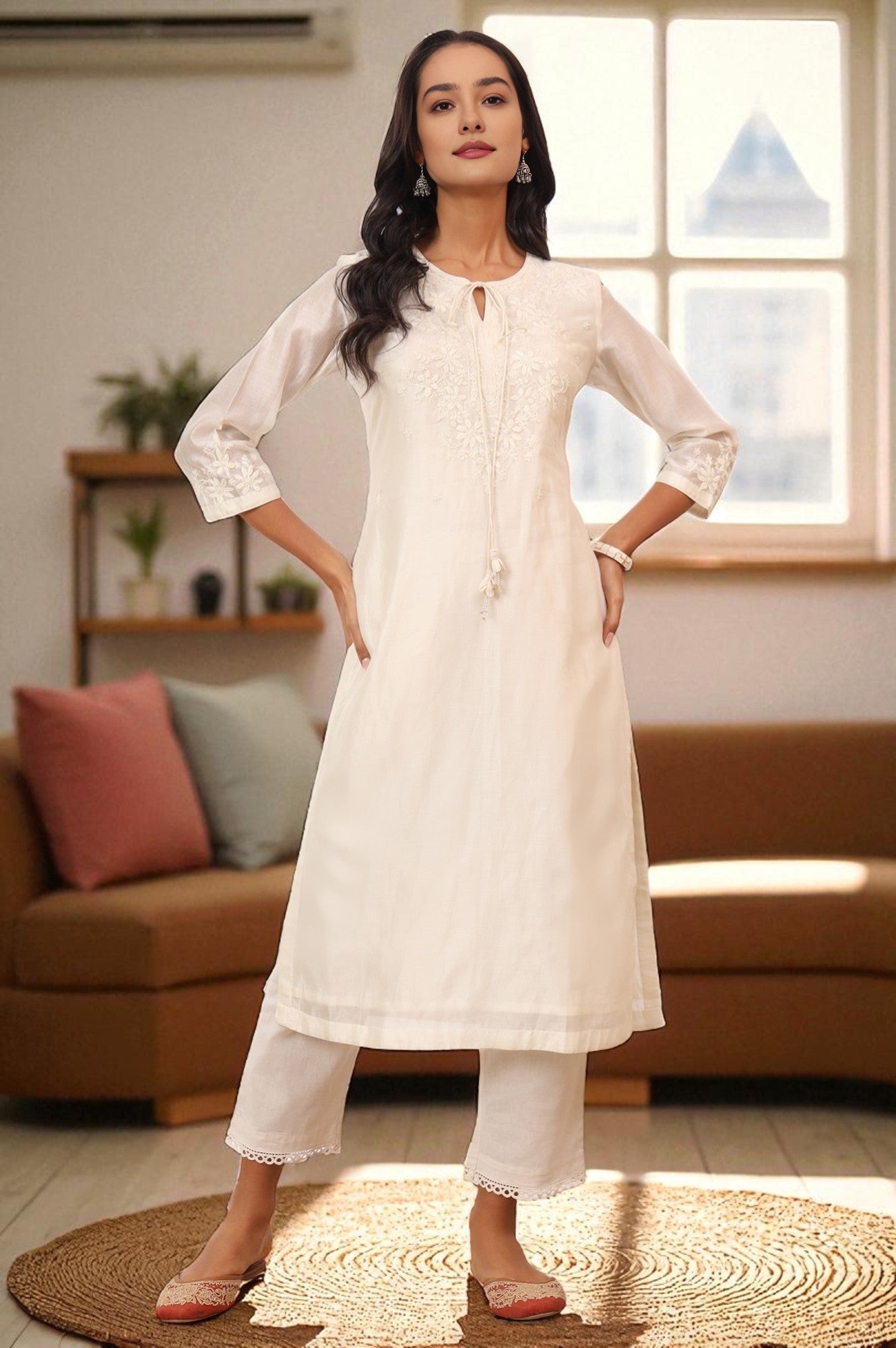 Ecru Chikankari Kurta in Cotton silk