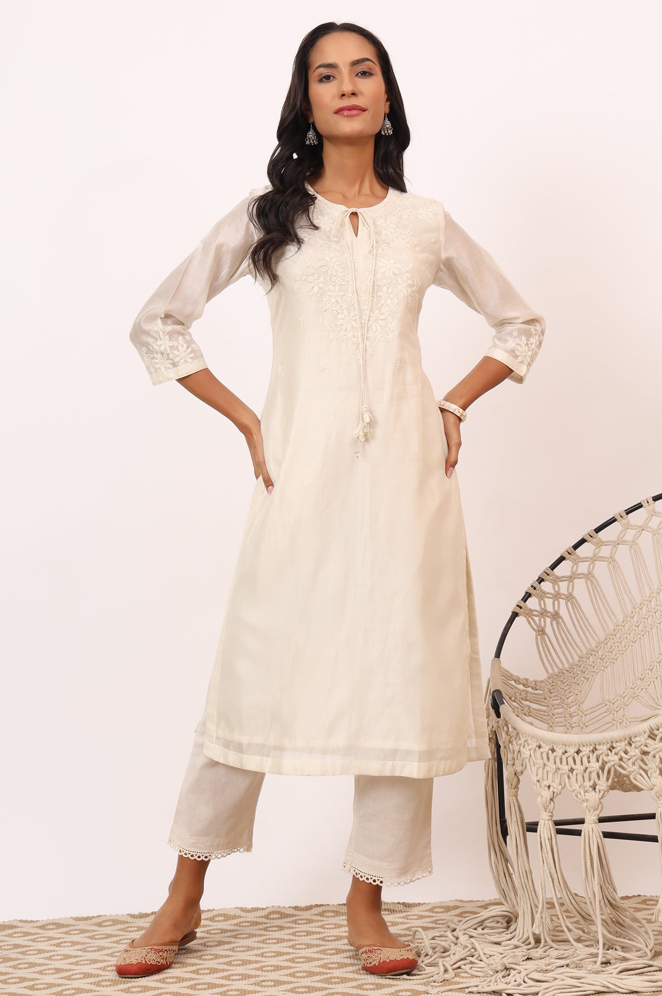 Ecru Chikankari Kurta in Cotton silk