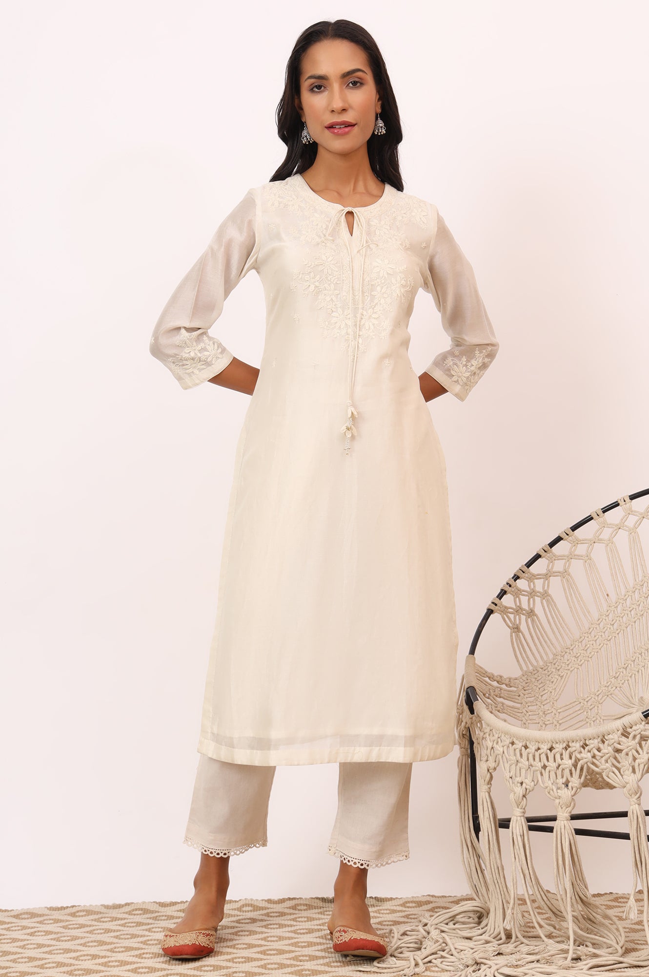 Ecru Chikankari Kurta in Cotton silk
