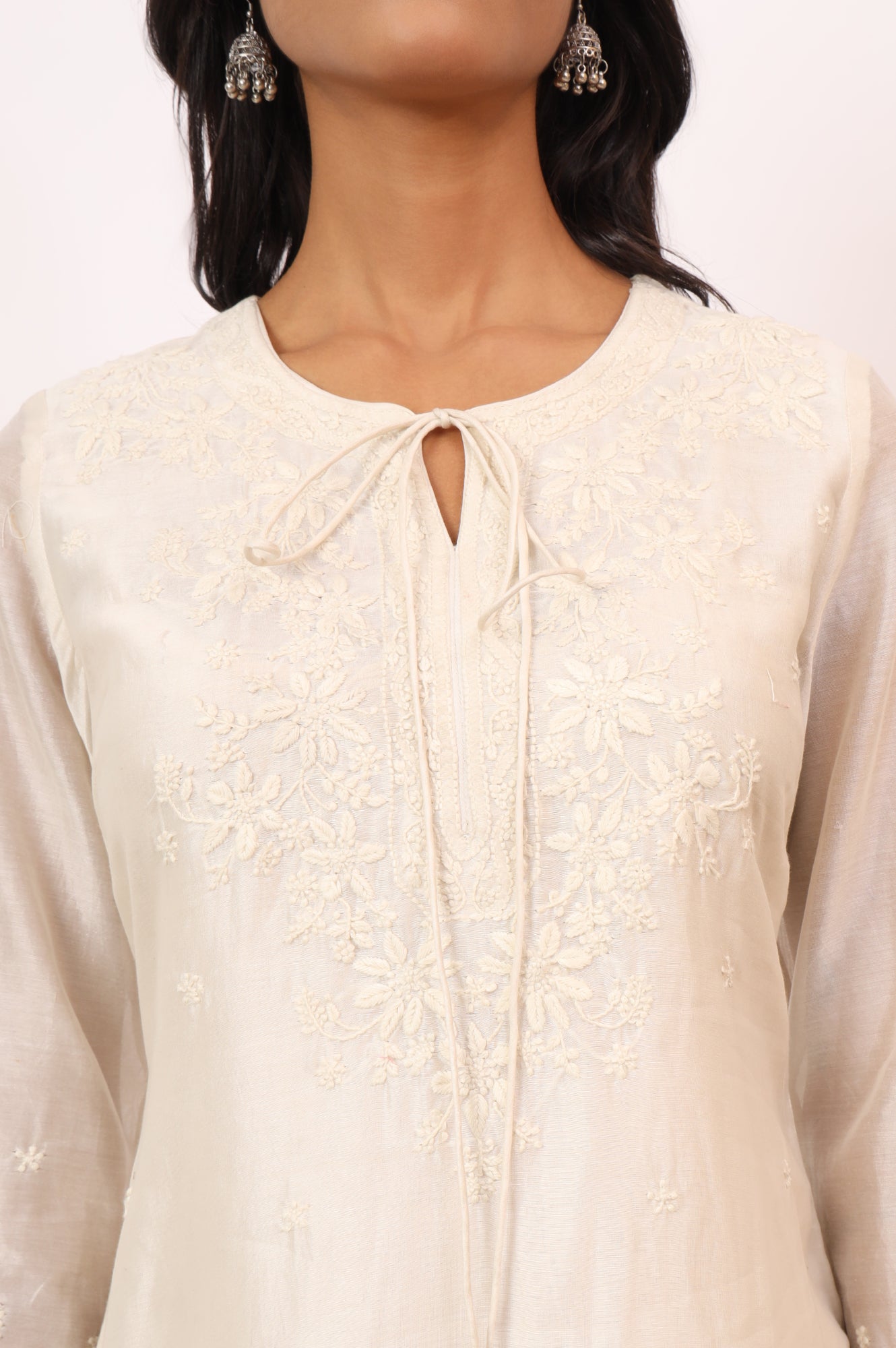 Ecru Chikankari Kurta in Cotton silk
