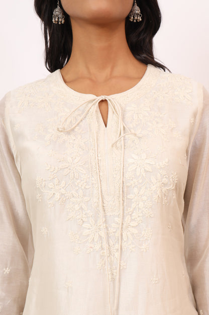 Ecru Chikankari Kurta in Cotton silk
