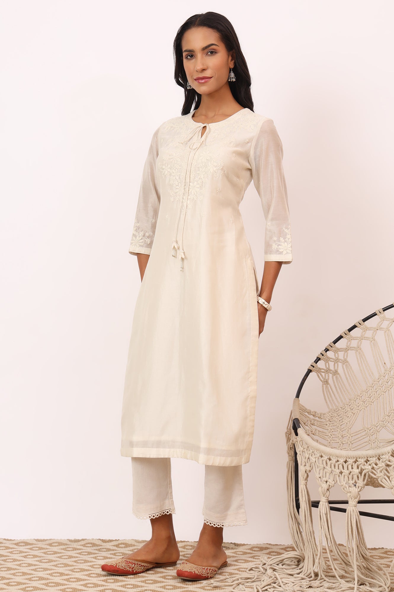 Ecru Chikankari Kurta in Cotton silk