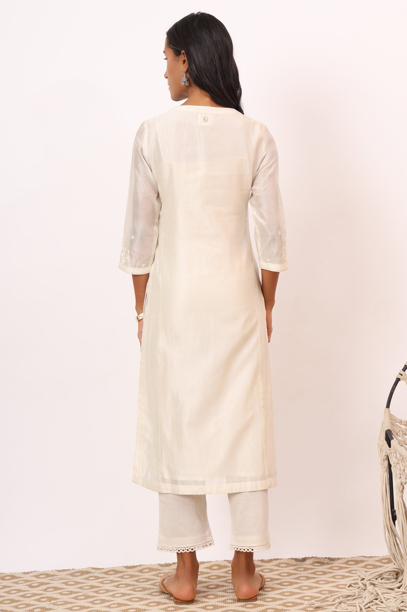 Ecru Chikankari Kurta in Cotton silk