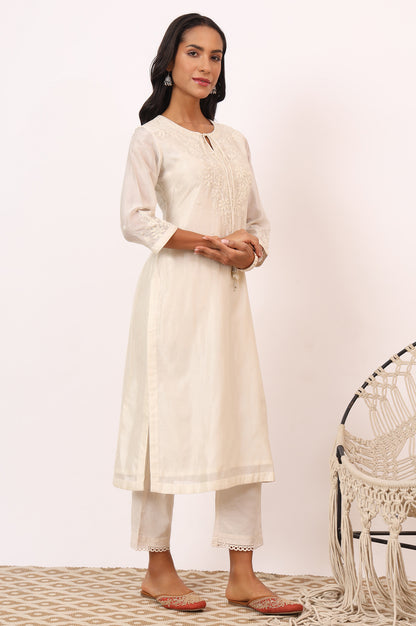 Ecru Chikankari Kurta in Cotton silk