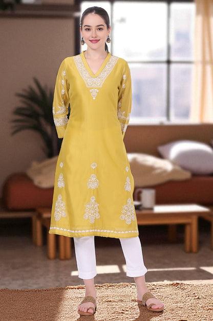 Yellow Chikankari Embroidered Cotton Silk Straight Kurta