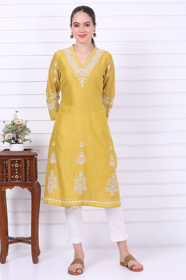 Yellow Chikankari Embroidered Cotton Silk Straight Kurta