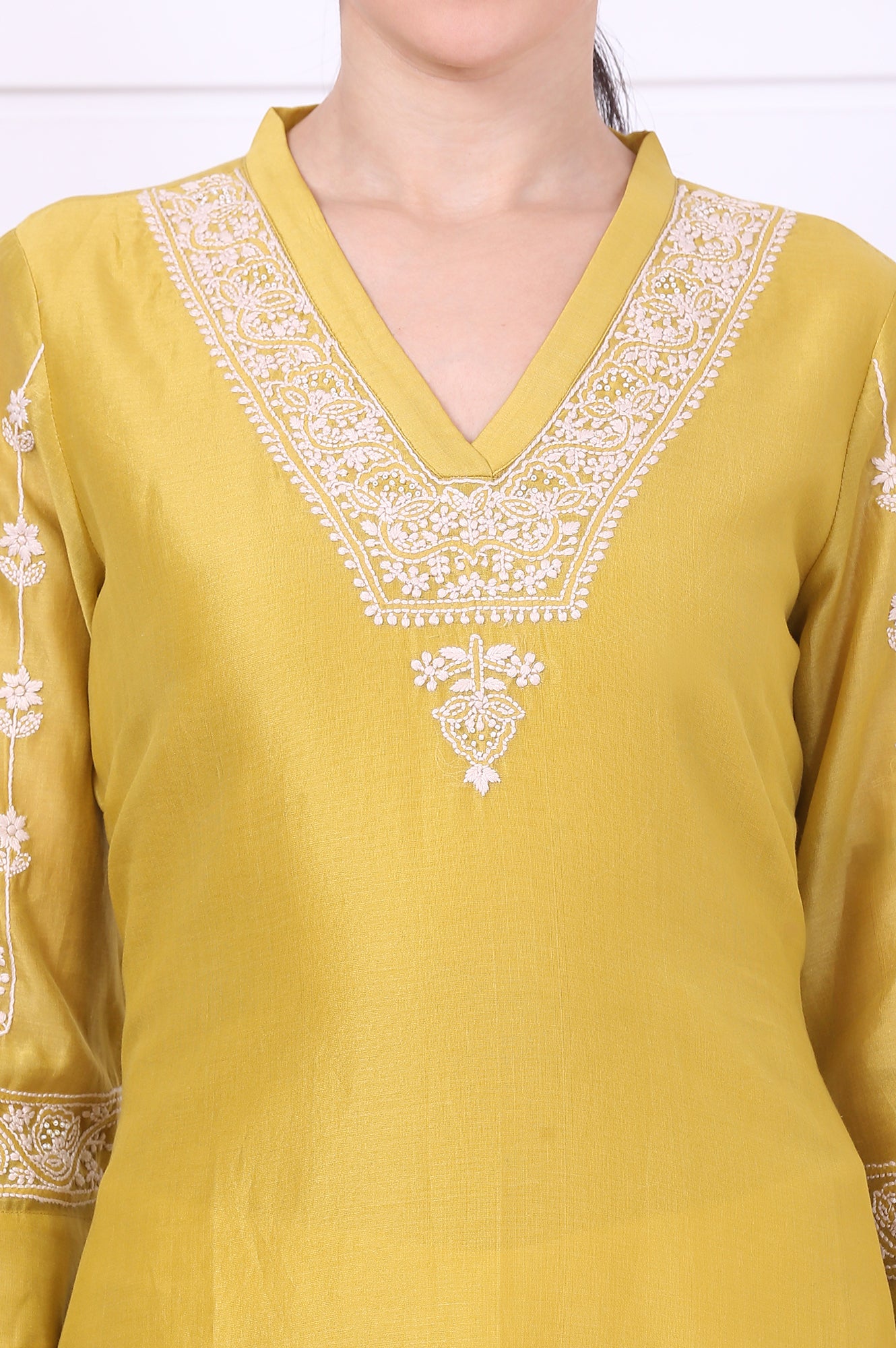 Yellow Chikankari Embroidered Cotton Silk Straight Kurta