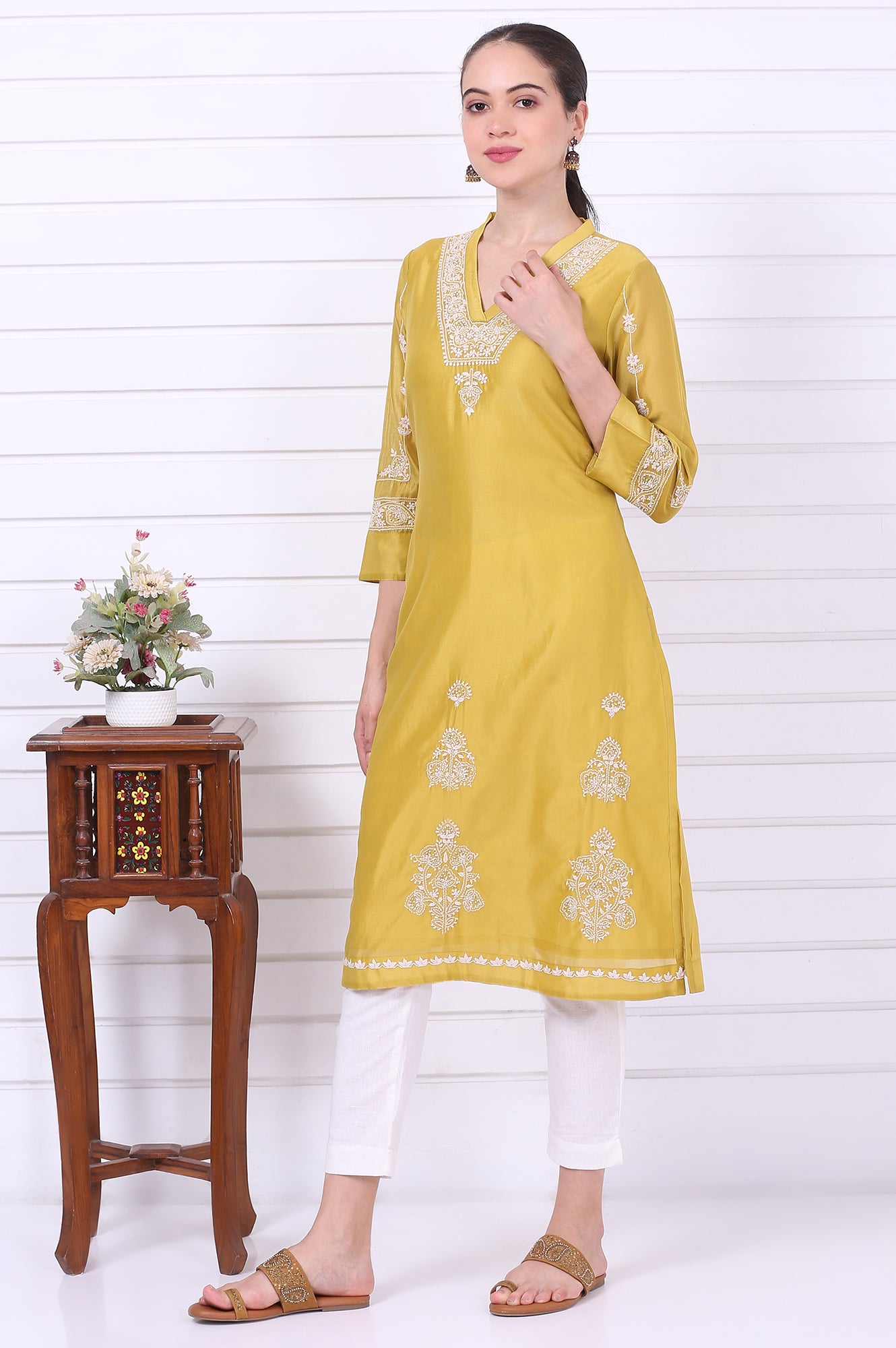Yellow Chikankari Embroidered Cotton Silk Straight Kurta