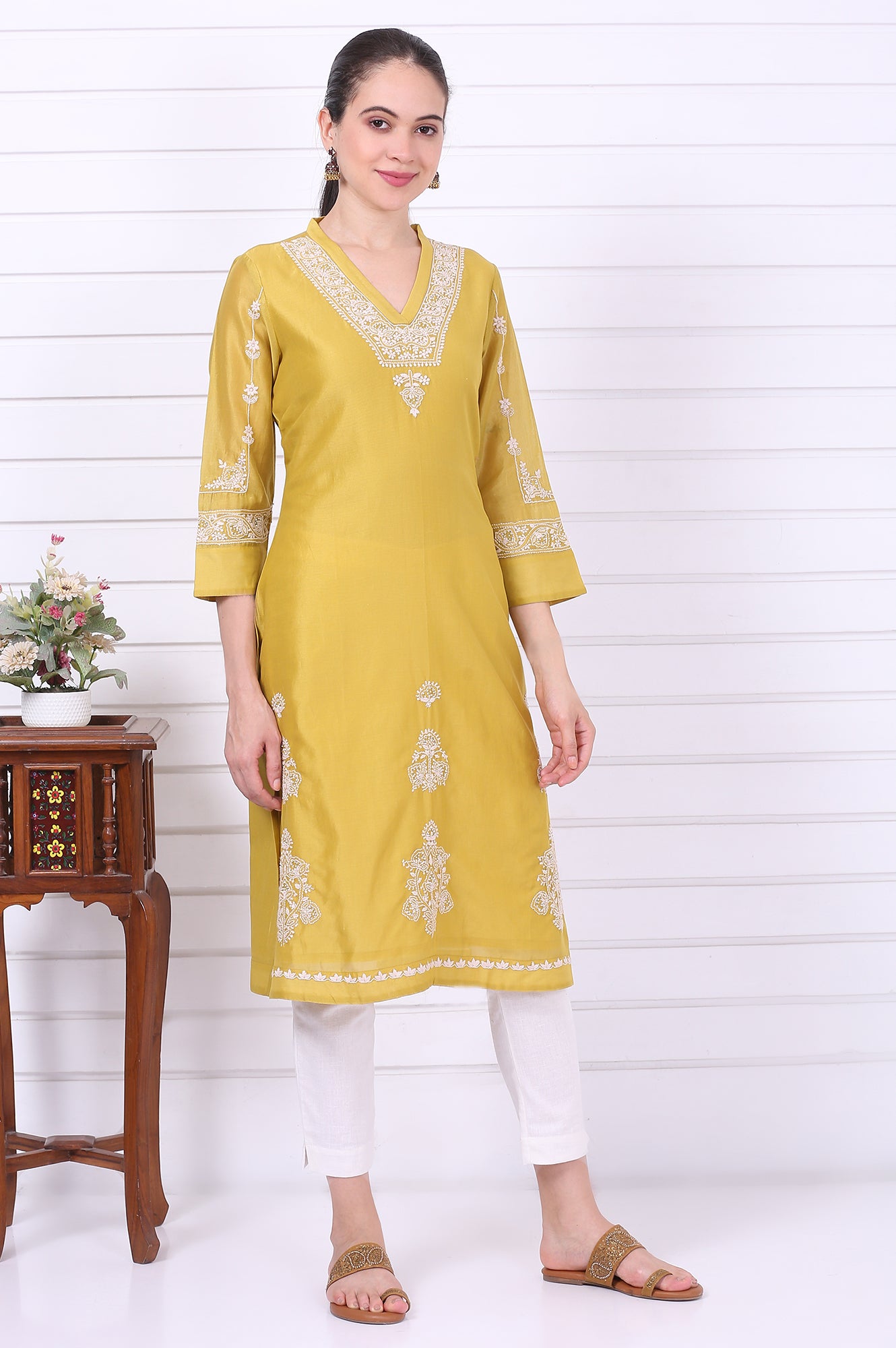 Yellow Chikankari Embroidered Cotton Silk Straight Kurta