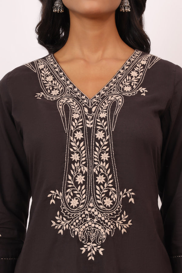 Dark Brown Chikankari Kurta in Soft Voile