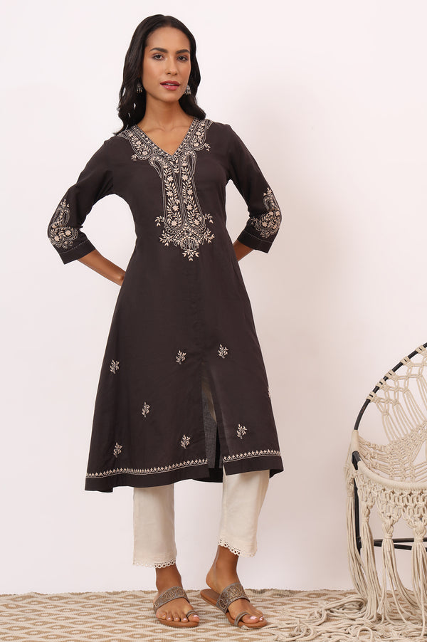Dark Brown Chikankari Kurta in Soft Voile
