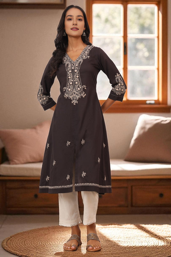 Dark Brown Chikankari Kurta in Soft Voile