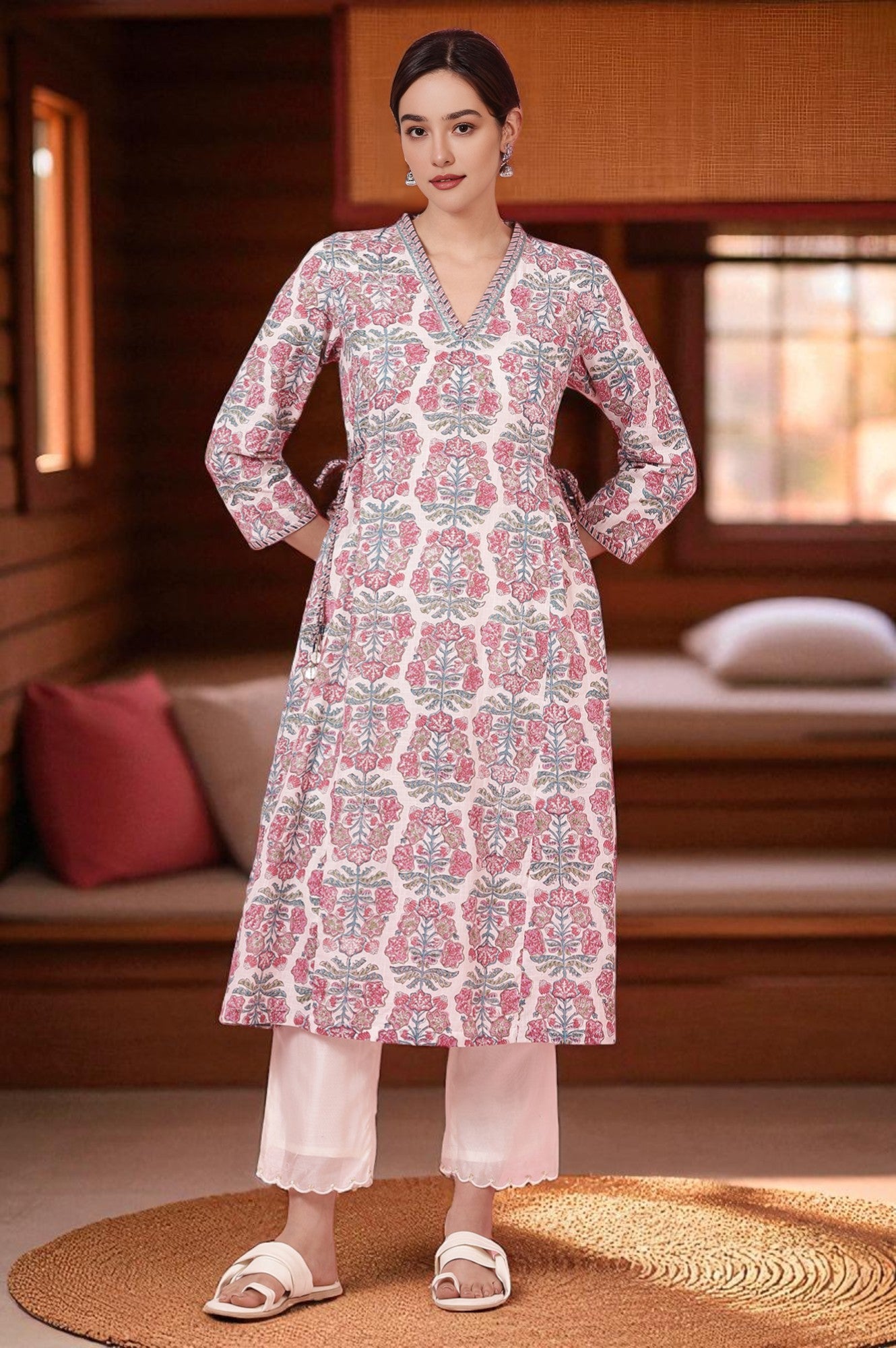 Ecru Handblock Printed Flared Kurta in Cotton Slub
