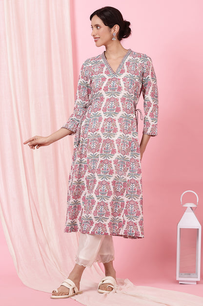 Ecru Handblock Printed Flared Kurta in Cotton Slub