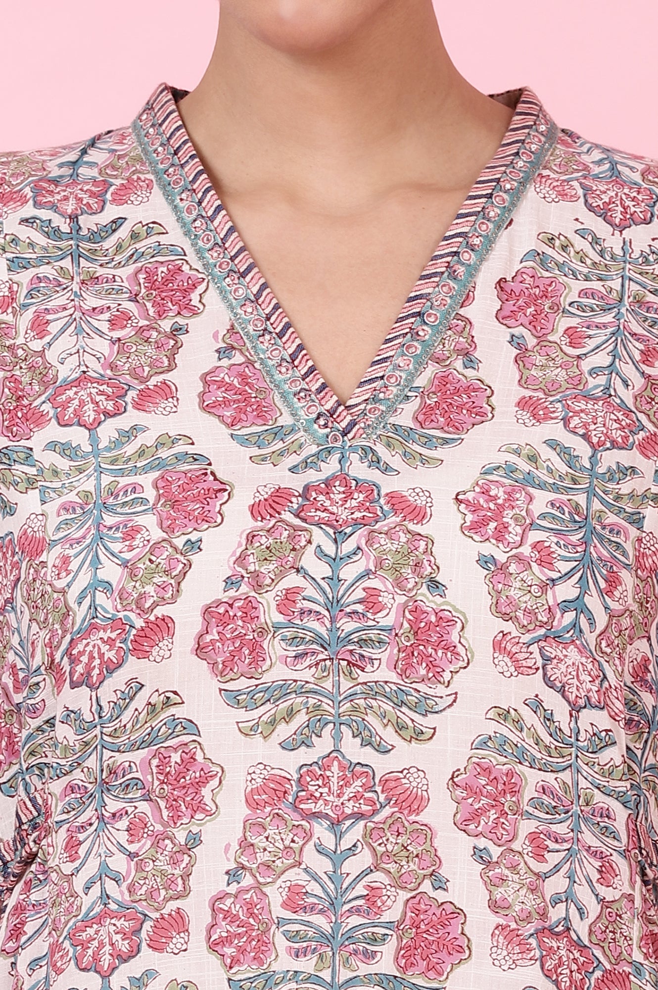 Ecru Handblock Printed Flared Kurta in Cotton Slub