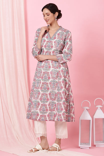 Ecru Handblock Printed Flared Kurta in Cotton Slub