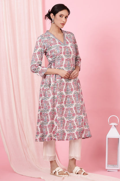 Ecru Handblock Printed Flared Kurta in Cotton Slub