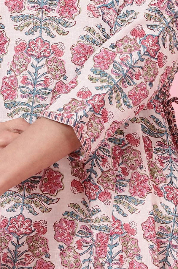 Ecru Handblock Printed Flared Kurta in Cotton Slub