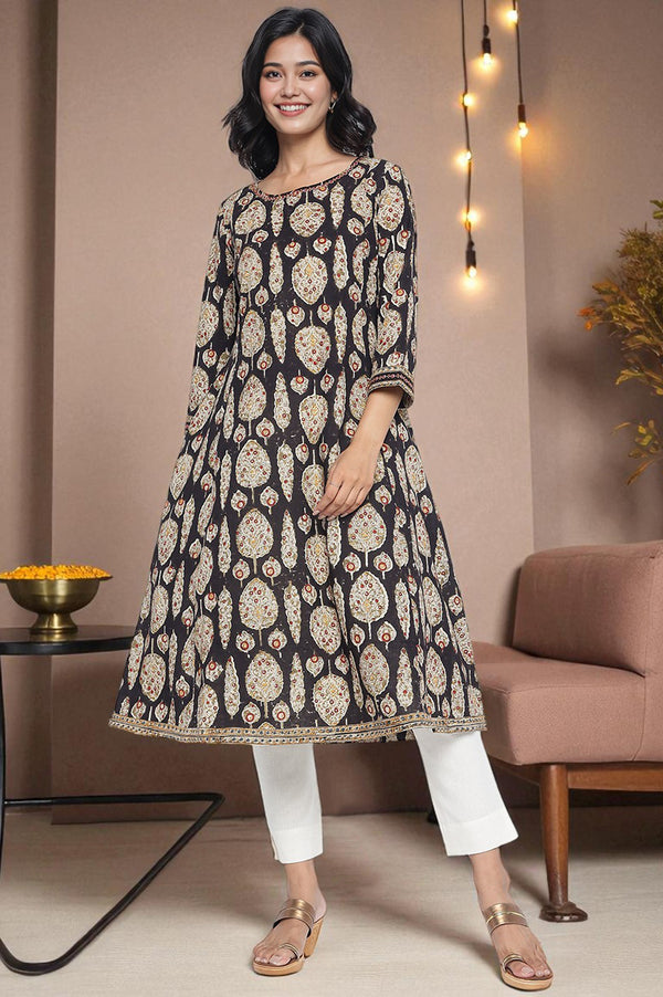 Black Printed Pure Cotton Flared Kurta