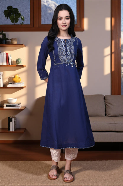 Blue Aari Embroidered Yoke Pure Cotton Flared Kurta