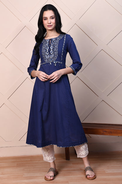 Blue Aari Embroidered Yoke Pure Cotton Flared Kurta