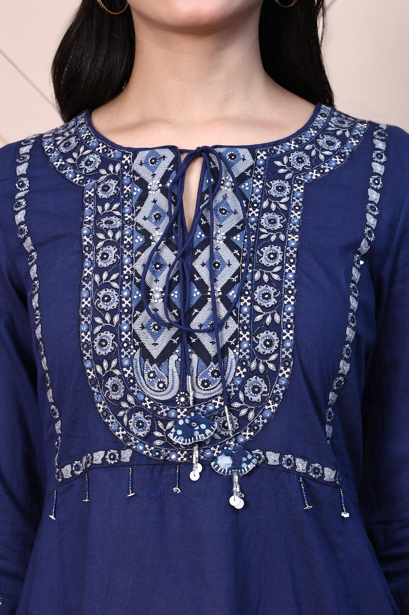 Blue Aari Embroidered Yoke Pure Cotton Flared Kurta
