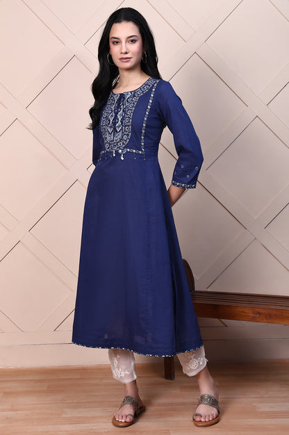 Blue Aari Embroidered Yoke Pure Cotton Flared Kurta