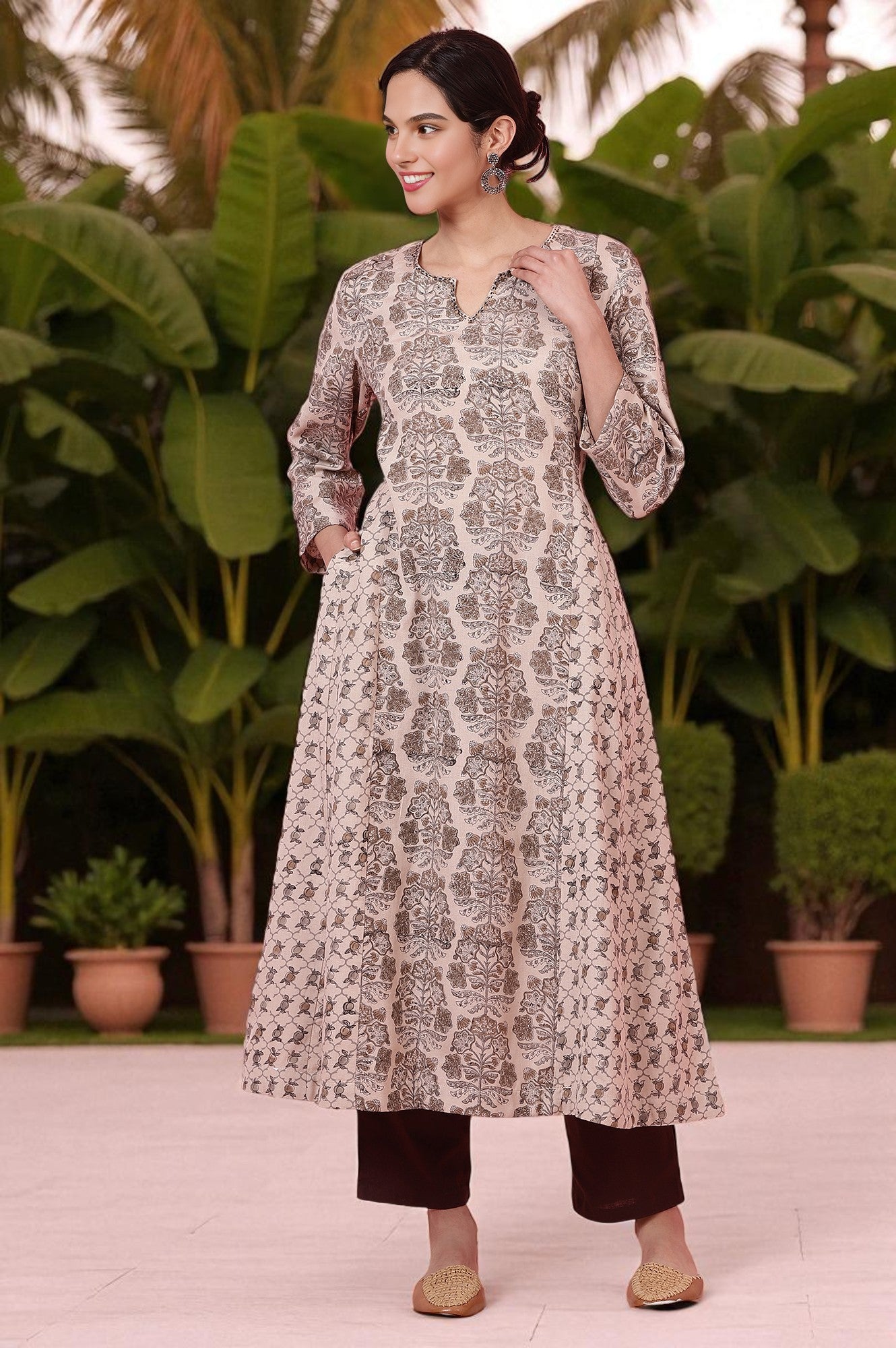 Light Beige Handblock Printed Kurta in Rayon Flax