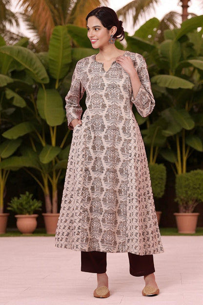 Light Beige Handblock Printed Kurta in Rayon Flax