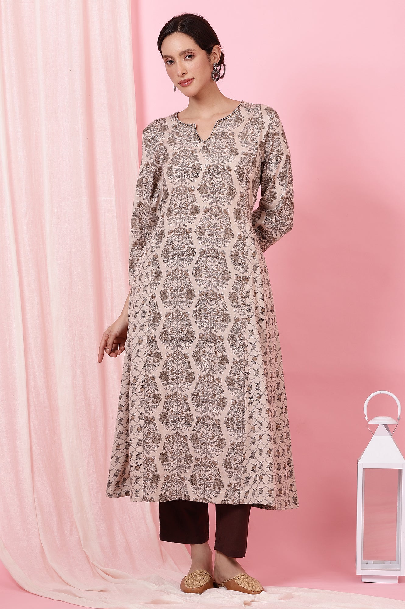 Light Beige Handblock Printed Kurta in Rayon Flax