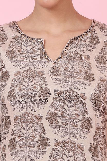 Light Beige Handblock Printed Kurta in Rayon Flax