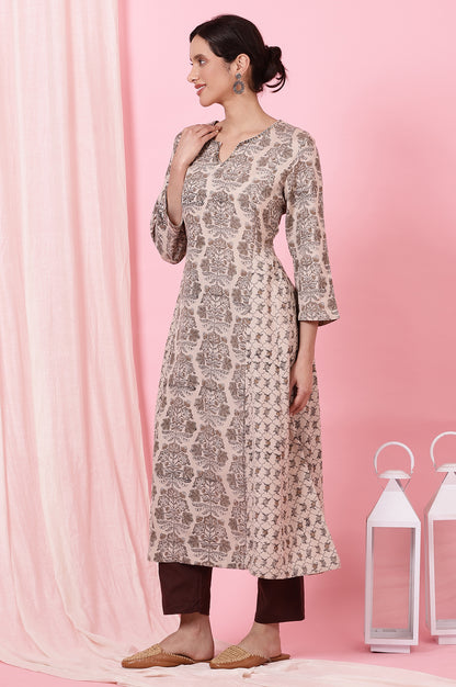 Light Beige Handblock Printed Kurta in Rayon Flax
