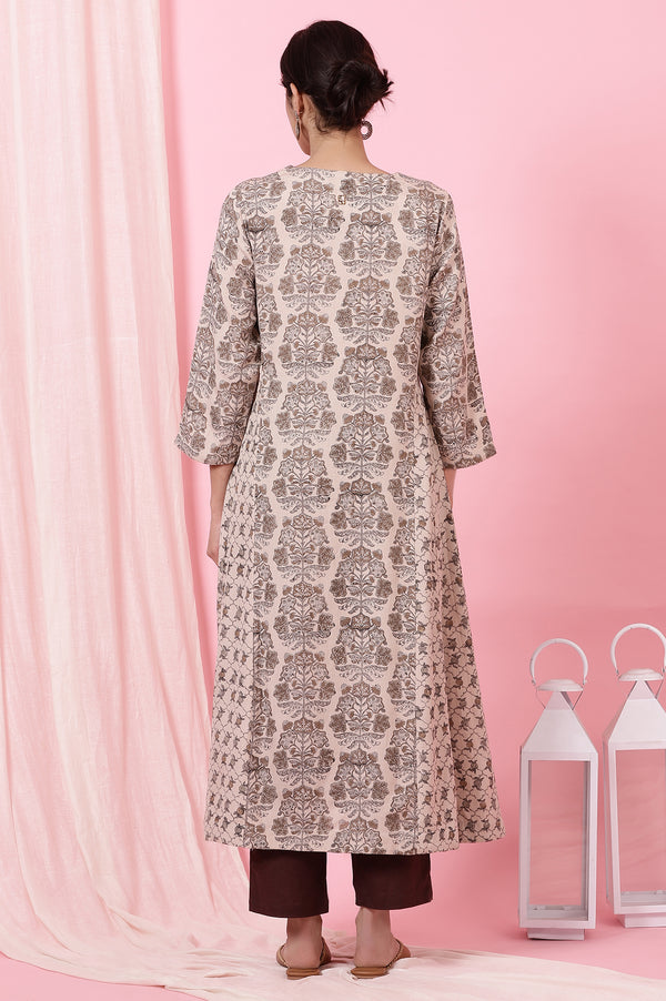 Light Beige Handblock Printed Kurta in Rayon Flax