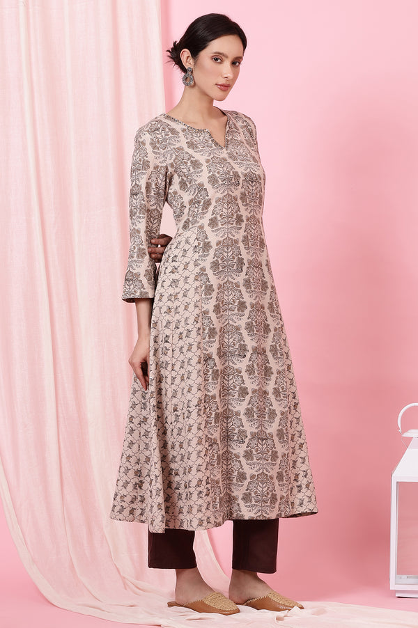 Light Beige Handblock Printed Kurta in Rayon Flax