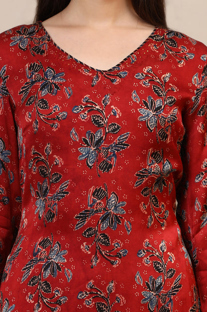 Red Handblock Ajrakh Printed Kurta in Lustrous Modal Satin