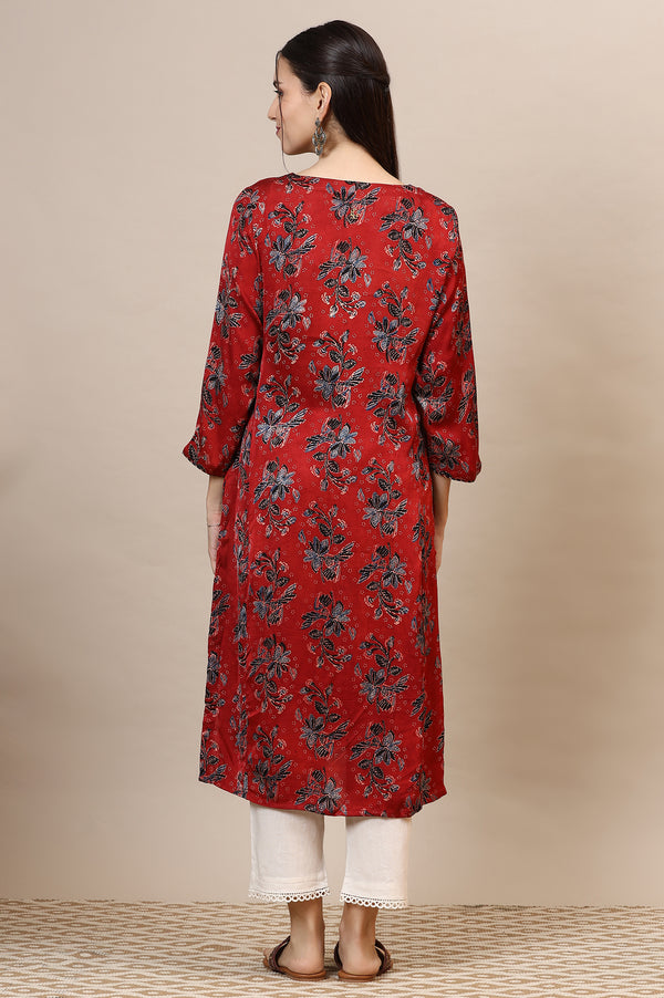 Red Handblock Ajrakh Printed Kurta in Lustrous Modal Satin